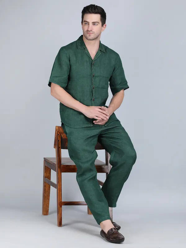 Green_Pure_Linen_Hand_Embroidered_Shirt_With_Pants_Co-Ord_Set_For_Men