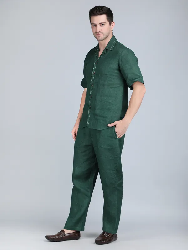 Green_Pure_Linen_Hand_Embroidered_Shirt_With_Pants_Co-Ord_Set_For_Men