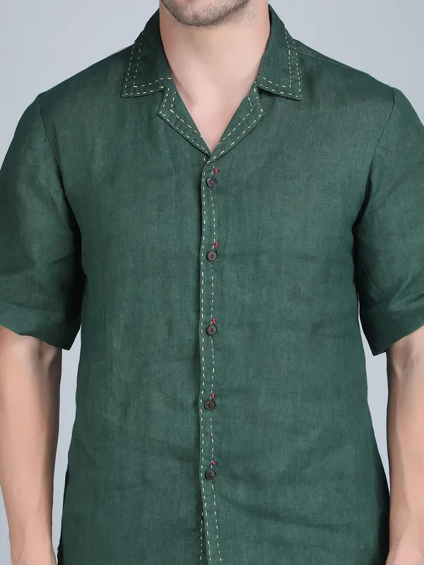 Green_Pure_Linen_Hand_Embroidered_Shirt_With_Pants_Co-Ord_Set_For_Men