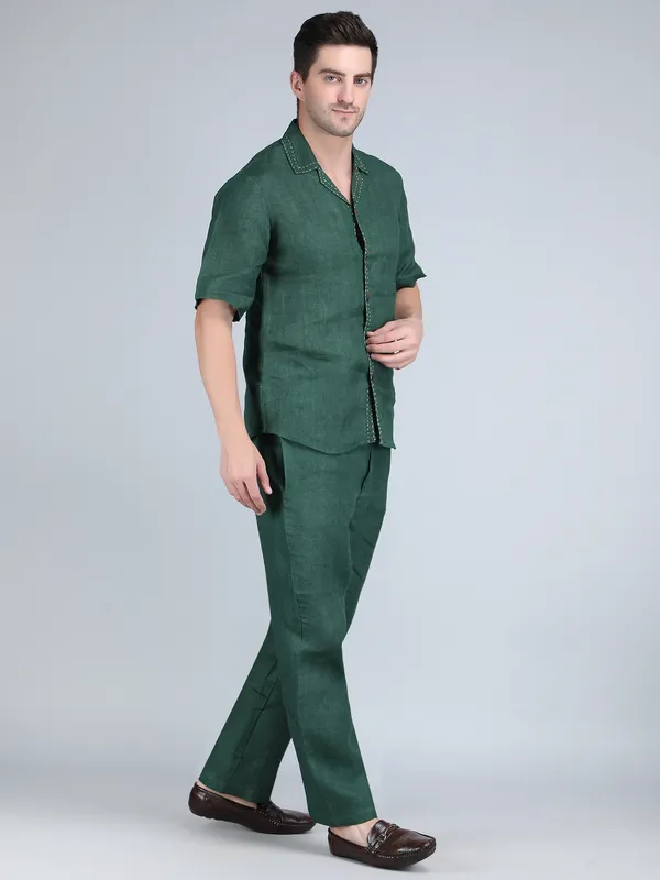 Green_Pure_Linen_Hand_Embroidered_Shirt_With_Pants_Co-Ord_Set_For_Men