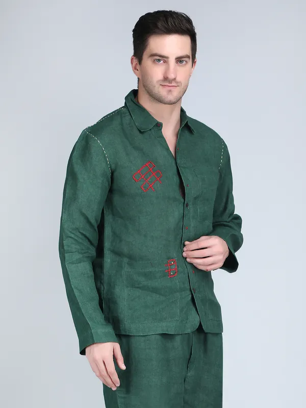 Green_Pure_Linen_Hand_Embroidered_Full_Sleeve_Shirt_For_Men