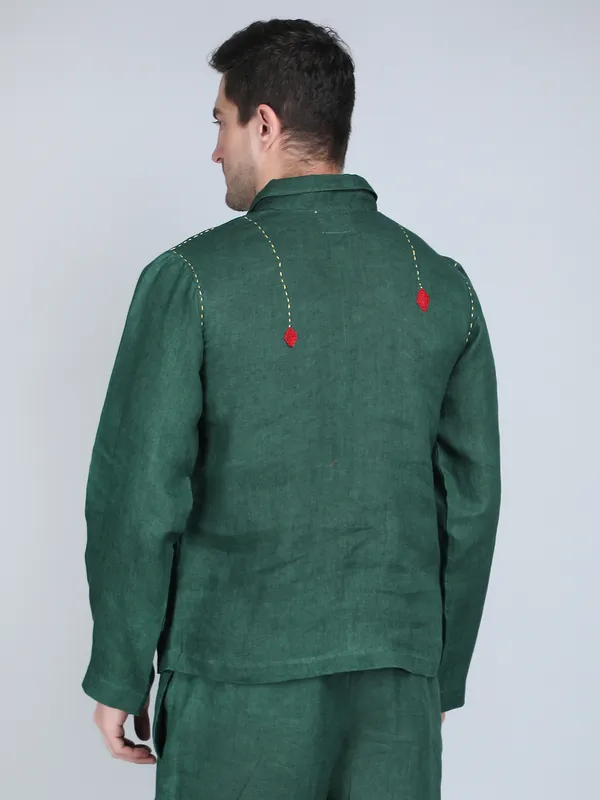 Green_Pure_Linen_Hand_Embroidered_Full_Sleeve_Shirt_For_Men