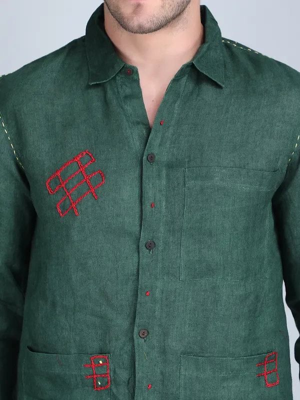 Green_Pure_Linen_Hand_Embroidered_Full_Sleeve_Shirt_For_Men