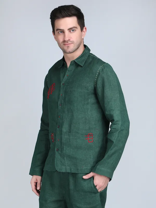 Green_Pure_Linen_Hand_Embroidered_Full_Sleeve_Shirt_For_Men