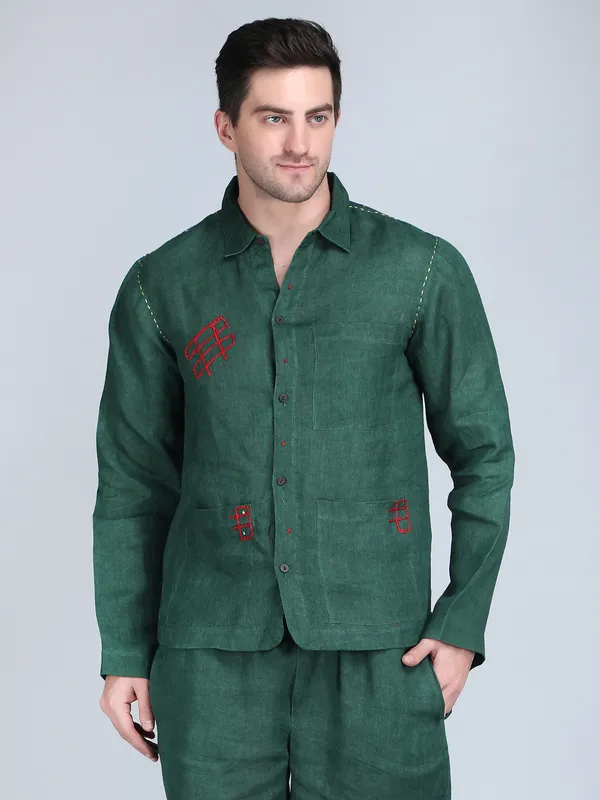 Green_Pure_Linen_Hand_Embroidered_Full_Sleeve_Shirt_For_Men