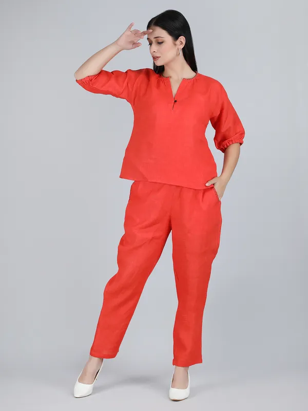 Orange_Pure_Linen_Hand_Embroidered_Co-Ord_For_Women