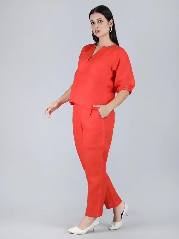 Orange_Pure_Linen_Hand_Embroidered_Co-Ord_For_Women