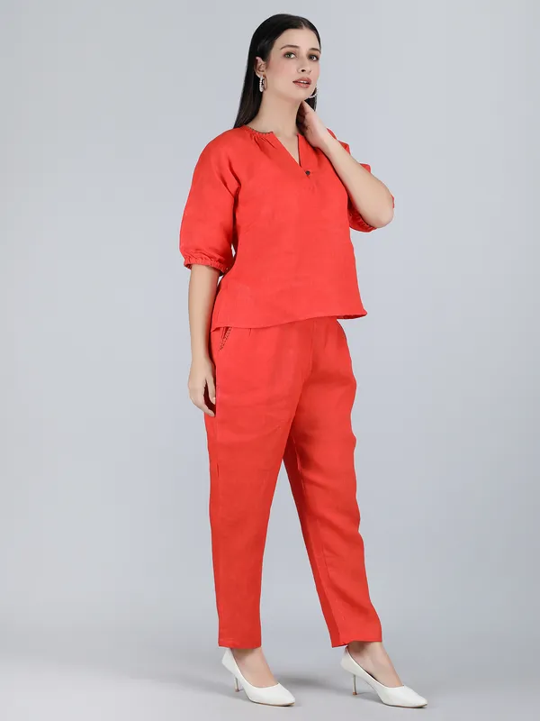 Orange_Pure_Linen_Hand_Embroidered_Co-Ord_For_Women