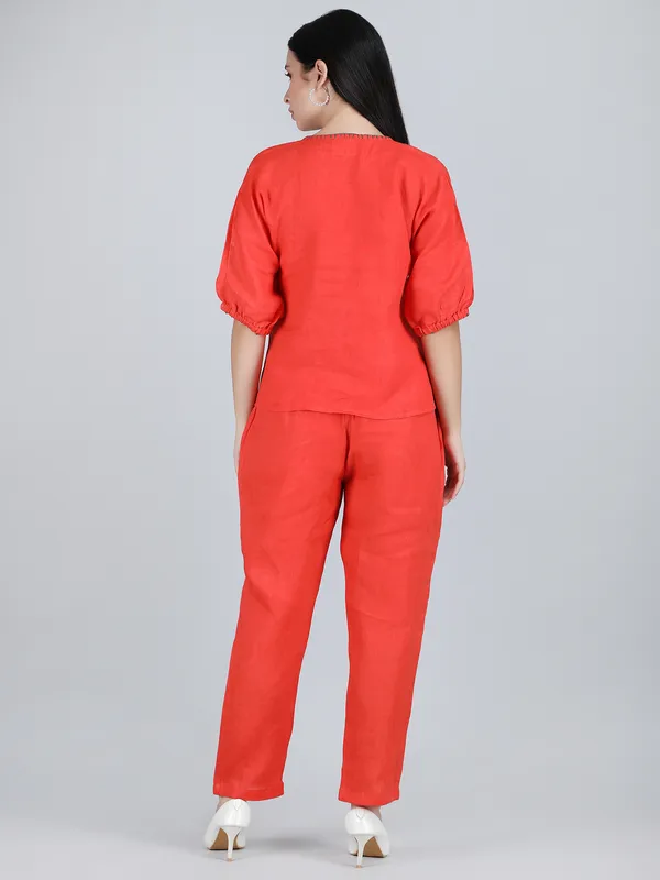 Orange_Pure_Linen_Hand_Embroidered_Co-Ord_For_Women
