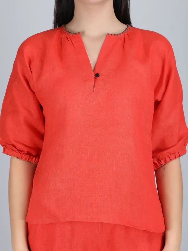 Orange_Pure_Linen_Hand_Embroidered_Co-Ord_For_Women