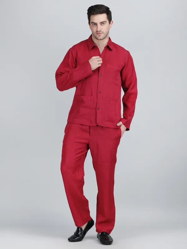 Maroon_Pure_Linen_Hand_Embroidered_Shirt_With_Pants_Co-Ord_Set_For_Men