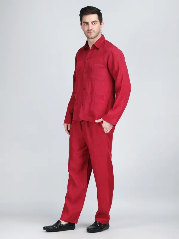 Maroon_Pure_Linen_Hand_Embroidered_Shirt_With_Pants_Co-Ord_Set_For_Men
