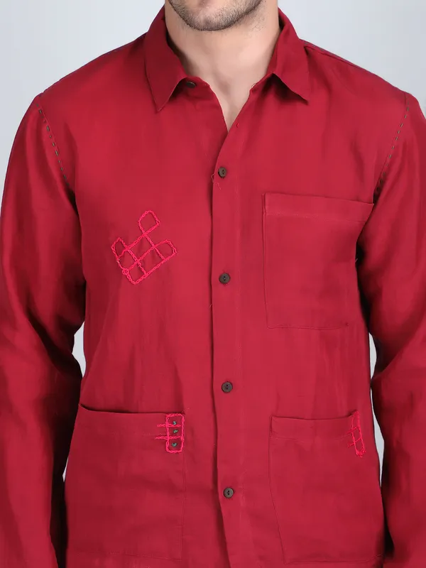 Maroon_Pure_Linen_Hand_Embroidered_Shirt_With_Pants_Co-Ord_Set_For_Men