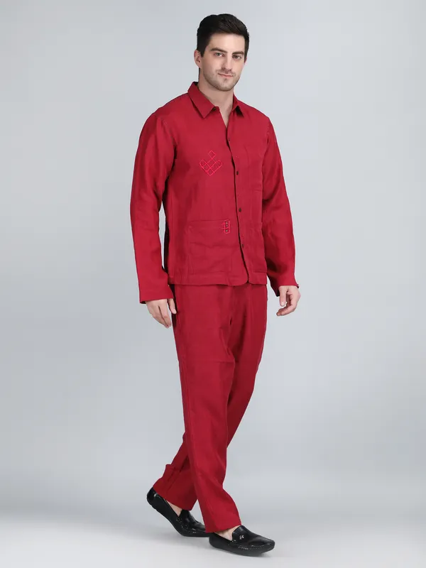 Maroon_Pure_Linen_Hand_Embroidered_Shirt_With_Pants_Co-Ord_Set_For_Men