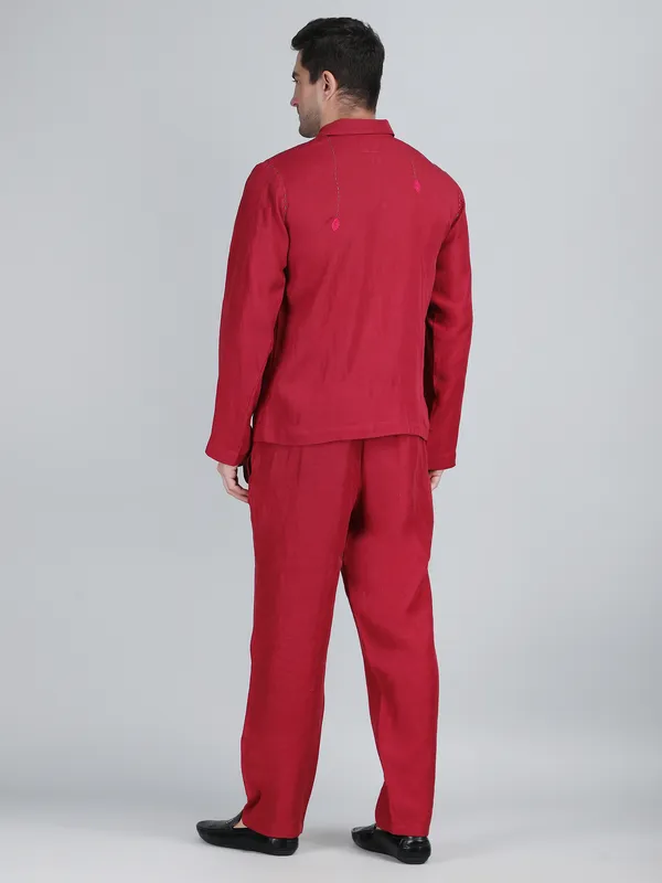 Maroon_Pure_Linen_Hand_Embroidered_Shirt_With_Pants_Co-Ord_Set_For_Men