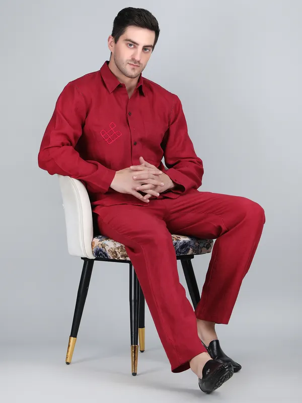 Maroon_Pure_Linen_Hand_Embroidered_Shirt_With_Pants_Co-Ord_Set_For_Men