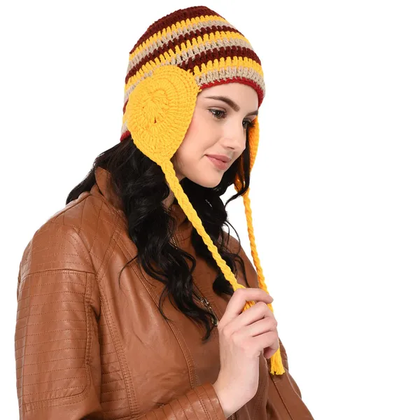 Maroon_&_yellow_Woolen_Cap_For_Women