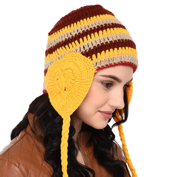 Maroon_&_yellow_Woolen_Cap_For_Women