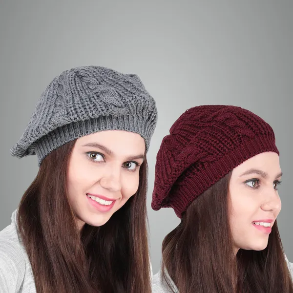Maroon_&_Grey_Woolen_Cap_For_Women_(Pack_Of_2)