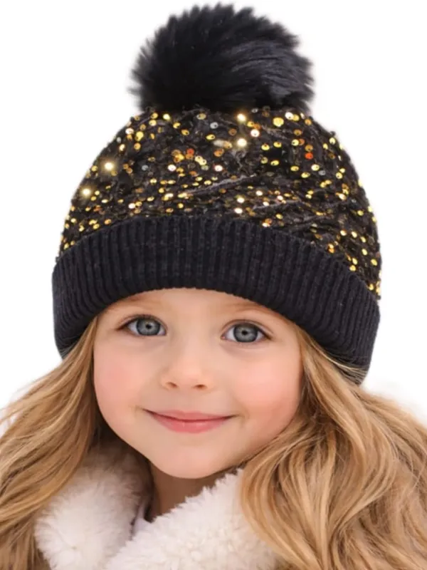 Girls_Sequin_Knitted_Beanie_Cap_with_Faux_Fur_Pom-Pom_Shiny_Bling_Skull_Cap_Sequin_Sparkling_Fashion_Glitter_Elegant_Breathable_Beanie_Hat_for_Party_Occasion_Gift_for_Girls._Black