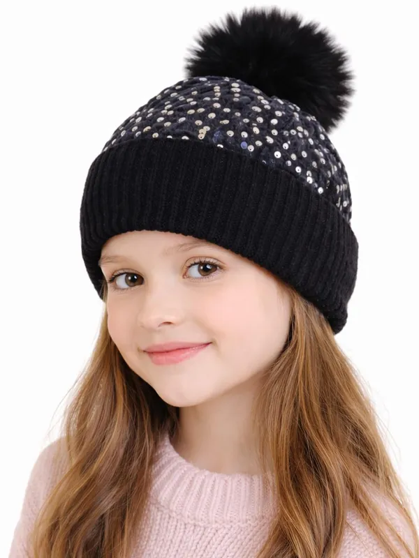 Girls_Sequin_Knitted_Beanie_Cap_with_Faux_Fur_Pom-Pom_Shiny_Bling_Skull_Cap_Sequin_Sparkling_Fashion_Glitter_Elegant_Breathable_Beanie_Hat_for_Party_Occasion_Gift_for_Girls._Black