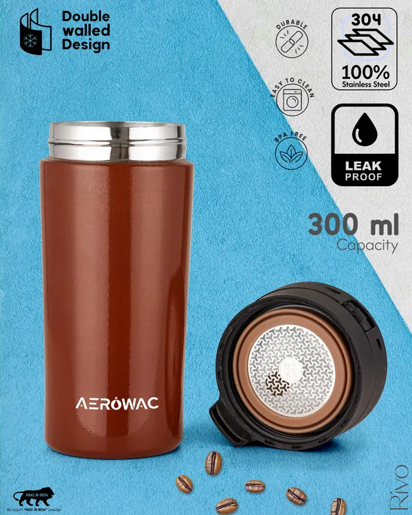 Rivo_Vacuum_Insulated_Coffee_Mug_Bottle_with_Strainer_|_Hot_&_Cold_|_Leak-Proof_Travel_Mug_|_300ml_|_Stainless_Steel_|_Tea_&_Coffee_Flask,_Brown