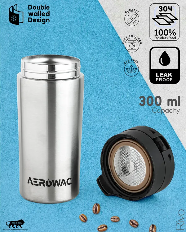Rivo_Vacuum_Insulated_Coffee_Mug_Bottle_with_Strainer_|_Hot_&_Cold_|_Leak-Proof_Travel_Mug_|_300ml_|_Stainless_Steel_|_Tea_&_Coffee_Flask,_Silver