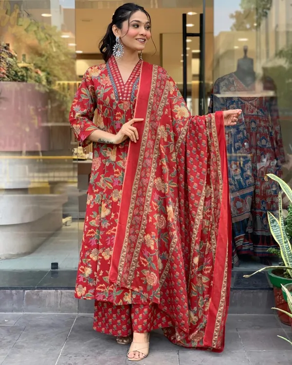 Red_Cotton_Regular_Kurta_Pant_Dupatta_Set_For_Women
