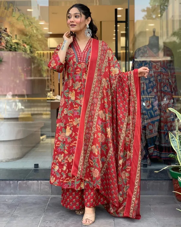 Red_Cotton_Regular_Kurta_Pant_Dupatta_Set_For_Women