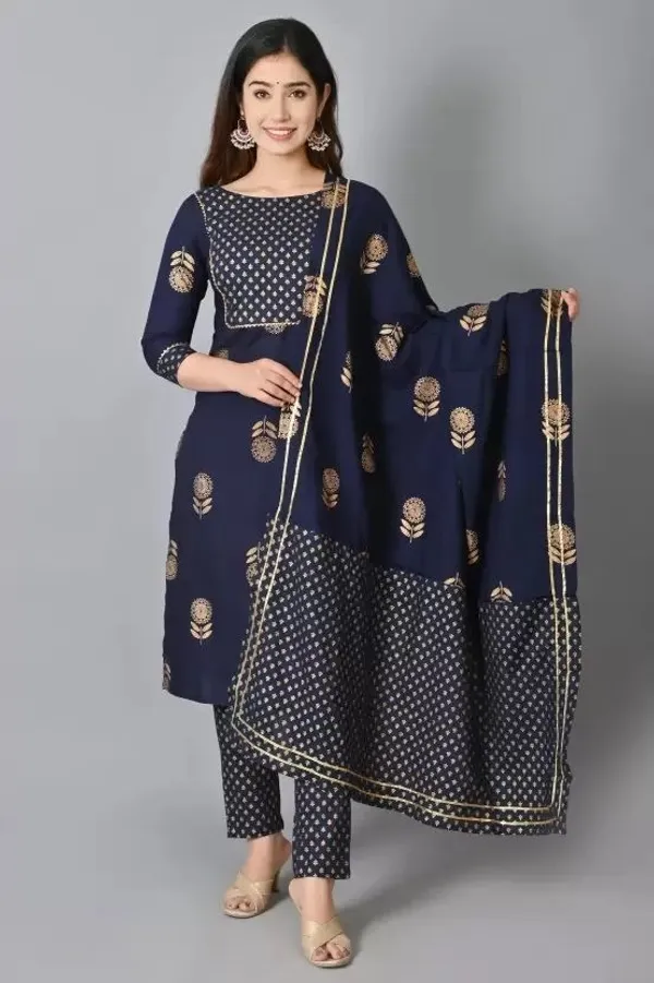Dark_Blue_Rayon_Printed_Regular_Kurta_Trouser/Pant_&_Dupatta_Set_For_Women