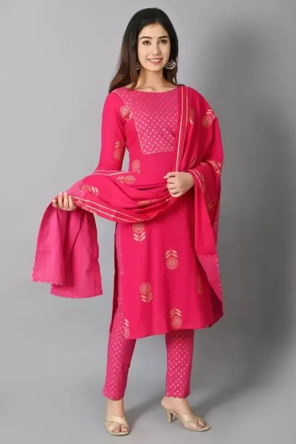 Dark_Pink_Rayon_Printed_Regular_Kurta_Trouser/Pant_&_Dupatta_Set_For_Women