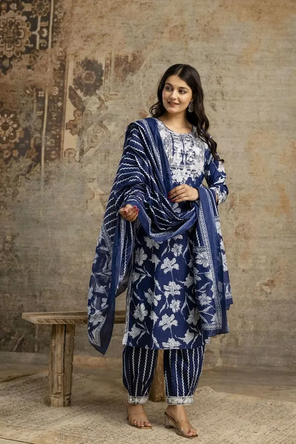 Blue_Cotton_Embroidered_Regular_Kurta_Salwar_&_Dupatta_Set_For_Women