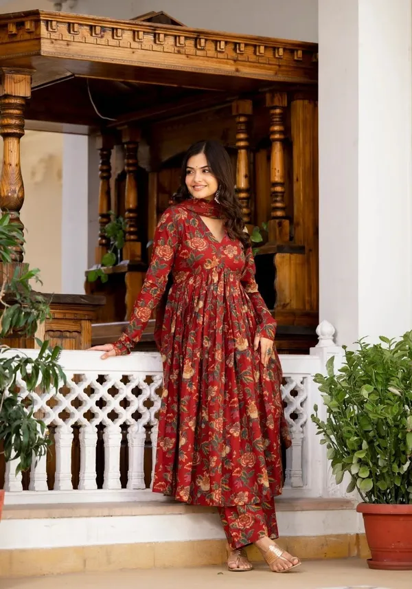 Maroon_Rayon_Printed_Regular_Kurta_Palazzo_&_Dupatta_Set_For_Women
