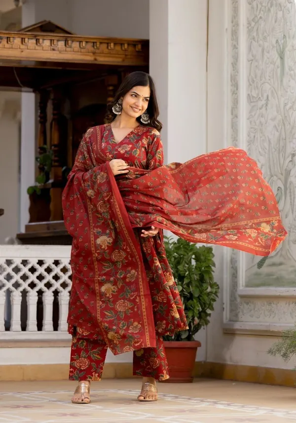 Maroon_Rayon_Printed_Regular_Kurta_Palazzo_&_Dupatta_Set_For_Women