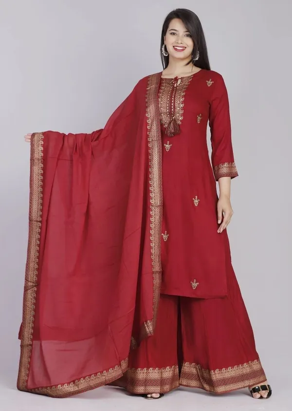 Red_Rayon_Solid_Regular_Kurta_Sharara_&_Dupatta_Set_For_Women