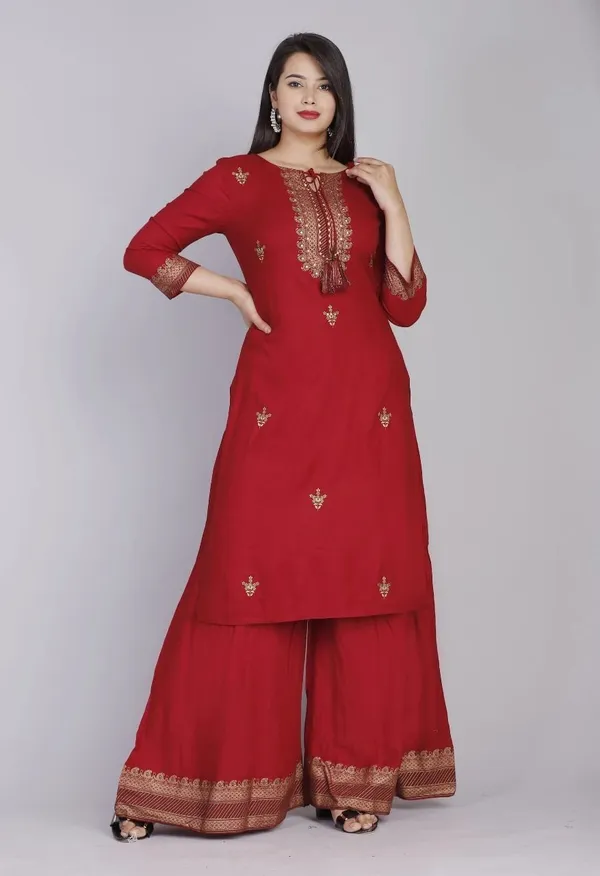 Red_Rayon_Solid_Regular_Kurta_Sharara_&_Dupatta_Set_For_Women