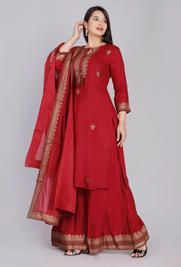 Maroon_Rayon_Regular_Kurta__Palazzo_&_Dupatta_Set_For_Women