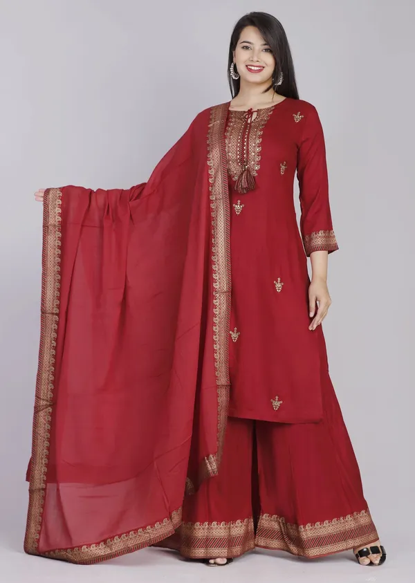 Maroon_Rayon_Regular_Kurta__Palazzo_&_Dupatta_Set_For_Women