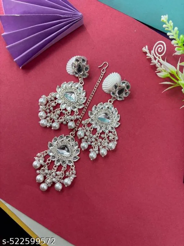 White_Elegant_Deisgn_Alloy_Earrings_And_Maang_Tikka_For_Women