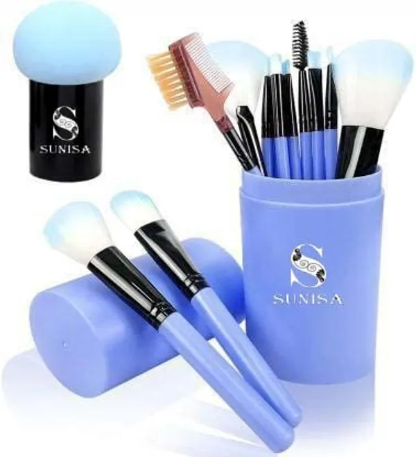 SUNISA_Blue_Soft_Synthetic_Bristle_Light_Weight_Multipurpose_Makeup_Brushes_Set_of_12_and_1_Blue_Mushroom_Head_Beauty_Blender_-_(Pack_of_13)