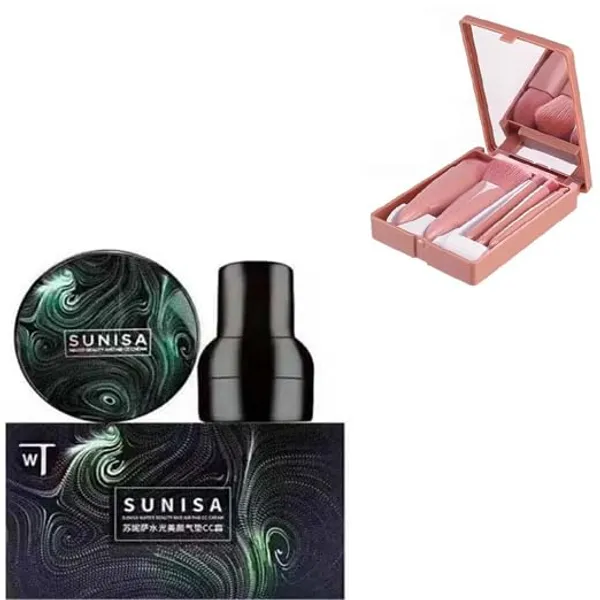 SUNISA_BB_and_CC_Cream_Foundation_With_Mushroom_Head_Air_Cushion_20g_And_Blush_Brush_for_Makeup,_Foundation_Blusher_Brush_for_Blending_Liquid,_Compact_Powder_Brush_with_5-in-1_Mini_Mirror_Makeup_Brush_Set_-_Compact_and_Travel_Brush_Set_Essential_Brushes_for_Face_and_Eyes_-_Premium_Synthetic_Bristles,_Perfect_for_On-the-Go_Application_-_Includes_Foundation,_Eyeshadow,_Blending,_Contour,_and_Lip_Brushes_With_Compact_powder