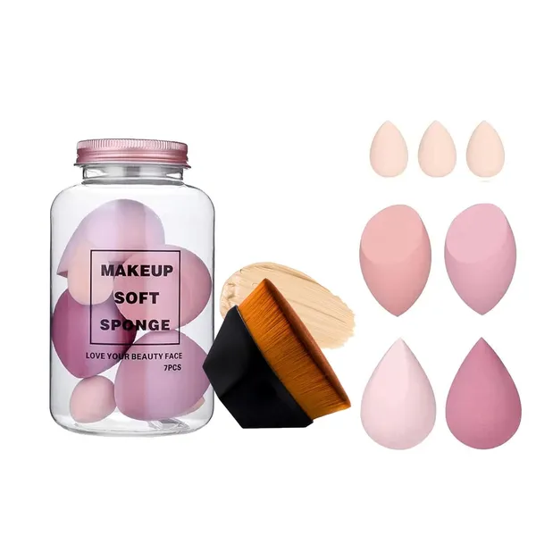 SUNISA_Soft_Sponge_with_Makeup_Brush_For_Liquid_Foundation,_Creams,_and_Powders,_Latex_Free_Wet_and_Dry_Makeup_(1_Brush+_4_Big_+_3_Mini-7_Pcs_set)_With_Plastic_Jar_(Sponge_Jar_with_Mackup_Brush)