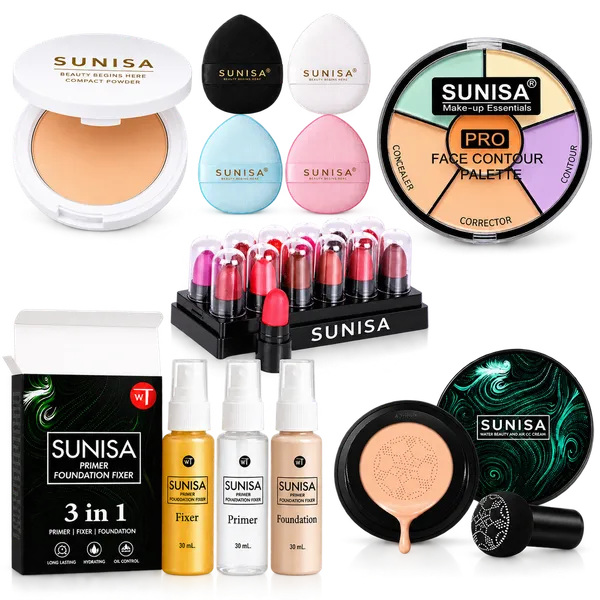 SUNISA_Compact_Powder,_Contour_Palette,_Lipstick_Set,_Makeup_Puffs,_Primer_&_CC_Cream