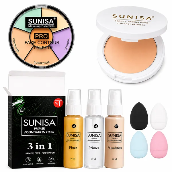 SUNISA_Pro_Makeup_Face_Contour_Palette_+_Compact_Powder_+_3-in-1_Primer_Fixer_Foundation_+_4_Makeup_Blender_Sponge_Combo_|_Complete_Makeup_Essentials_Kit