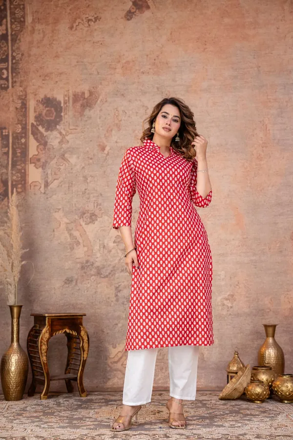 Ruby_Red_Leaf_Print_Cotton_Kurta_Set
