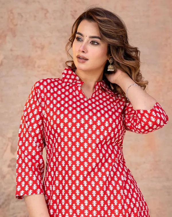 Ruby_Red_Leaf_Print_Cotton_Kurta_Set
