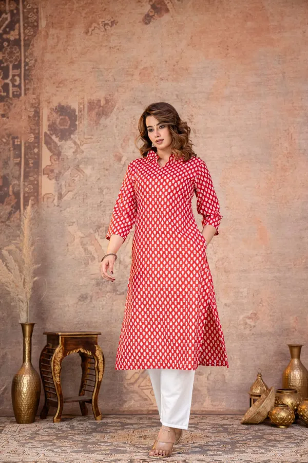 Ruby_Red_Leaf_Print_Cotton_Kurta_Set