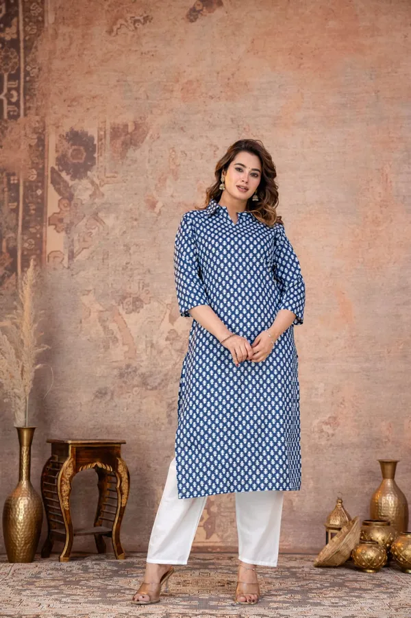 Navy_Blue_Floral_Block_Print_Straight_Kurta