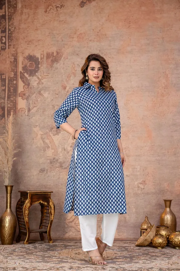 Navy_Blue_Floral_Block_Print_Straight_Kurta