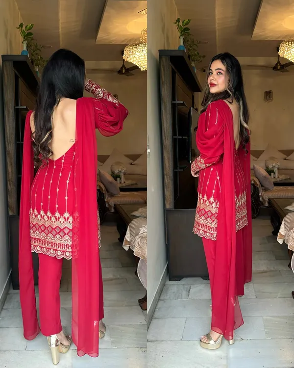 Deep_Maroon_Red_Heavy_Fox_Georgette_Fabric_Kurti_Pant_&_Dupatta_For_Women